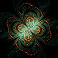 Symmetrical Gold Green fractal flower, digital artwork for graphic