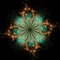 Symmetrical Gold Green fractal flower, digital artwork for graphic