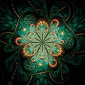 Symmetrical Gold Green fractal flower, digital artwork for graphic