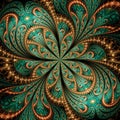 Symmetrical Gold Green fractal flower, digital artwork for graphic