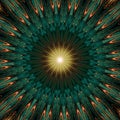 Symmetrical Gold Green fractal flower, digital artwork for graphic