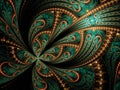 Symmetrical Gold Green fractal flower, digital artwork for graphic