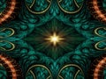 Symmetrical Gold Green fractal flower, digital artwork for graphic