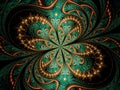 Symmetrical Gold Green fractal flower, digital artwork for creative graphic