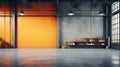 Symmetrical hardwood floor in a rectangular orange room with concrete walls Royalty Free Stock Photo