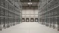 Symmetrical Interior View of an Empty Industrial Warehouse with Large Storage Racking System Royalty Free Stock Photo