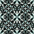 A symmetrical, kaleidoscopic pattern featuring abstract shapes arranged in a
