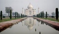 Symmetrical minaret stands tall in ancient Indian tomb reflection generated by AI