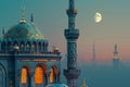 Symmetrical mosque with crescent moon in atmospheric city sky Royalty Free Stock Photo