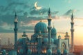 Symmetrical mosque with crescent moon atop, under cloudy sky Royalty Free Stock Photo