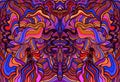 Symmetrical motley hippie trippy psychedelic abstract pattern with many intricate wavy ornaments, bright neon multicolor color