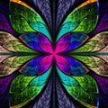Symmetrical multicolor fractal flower in stained glass style. Co