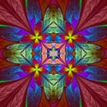 Symmetrical multicolored flower pattern in stained-glass window