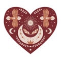 Symmetrical Mystical Heart with birds, crescent moon, twigs, sun, feathers. Decorative element for Valentine's day