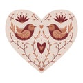 Symmetrical Mystical Heart with birds, twigs, hearts. Decorative element for Valentine's day cards, packaging design