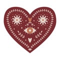 Symmetrical Mystical Heart with boho elements, eye, flowers, hearts and twigs. Decorative element for Valentine's