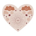Symmetrical Mystical Heart with celestial and boho elements, clouds, comet, stars, eye. Decorative element for