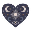 Symmetrical Mystical Heart with celestial and boho elements, moon, sun, stars, eye. Decorative element for Valentine