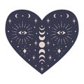 Symmetrical Mystical Heart with celestial elements, moon phases, crescent moon, stars, eye. Decorative element for