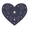 Symmetrical Mystical Heart with outline crystals, sun with rays, twigs and a heart. Decorative element for Valentine