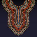 Symmetrical neckline pattern for dashiki shirt with Celtic motifs and colorful geometric shapes on the dark blue background