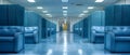 Symmetrical Office Corridor with Blue Cubicles. Concept Office Design, Symmetry, Cubicles, Blue