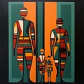 Symmetrical Painting Of Three Life-size Figures In American Mid-century Style