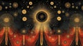 Symmetrical Pattern with Repeated Circular Shapes, Teardrop Figures, and Starburst Motifs
