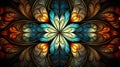Symmetrical pattern in stained-glass window style. Blue, brown, and yellow palette. Computer-generated graphics. Generative AI Royalty Free Stock Photo