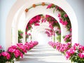 Vibrant pink flowers adorn a sunlit arched walkway, created as an AI-generated image Royalty Free Stock Photo