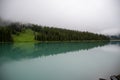 Symmetrical picture of the trees reflected on the surface of Emerald lake. Royalty Free Stock Photo