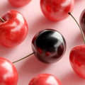 A symmetrical seamless 3D pattern with a single black cherry contrasted with glossy red cherries. Royalty Free Stock Photo