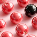 A symmetrical seamless 3D pattern with a single black cherry contrasted with glossy red cherries. Royalty Free Stock Photo