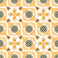 Symmetrical seamless pattern with squares, circles, complex geometric shapes in yellow Royalty Free Stock Photo