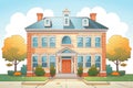 symmetrical shot of a colonial house with a central front door, magazine style illustration