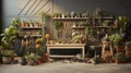 Symmetrical Showcase of Well-Lit Woodworking Workshop with Craft Tools on Wooden Workbench