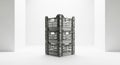 Symmetrical stack of gray plastic storage crates in minimalist studio setting Royalty Free Stock Photo