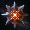 A symmetrical, star-shaped object with sharp metallic points, featuring glowing red- Royalty Free Stock Photo