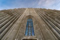 Symmetrical view from below the minimalist architecture of the HallgrÃ­mskirkja Cathedral