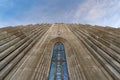 Symmetrical view from below the minimalist architecture of the HallgrÃ­mskirkja Cathedral