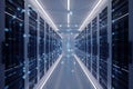 Futuristic digital network connecting rows of illuminated server racks in a data center server room Royalty Free Stock Photo