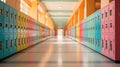Symmetrical view of a school hallway with brightly colored lockers on each side