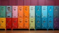 Symmetrical view of a school hallway with brightly colored lockers on each side