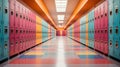 Symmetrical view of a school hallway with brightly colored lockers on each side