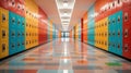 Symmetrical view of a school hallway with brightly colored lockers on each side