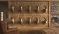A symmetrical wall display of mounted deer heads inside a rustic lodge interior expressing hunting tradition heritage and Royalty Free Stock Photo