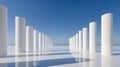 Symmetrical white cylindrical columns casting long shadows on a reflective surface under a clear blue sky in a minimalist modern Royalty Free Stock Photo