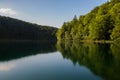 A croatian lake surrounded by trees at dusk