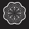 Symmetry Mandala Doodle Drawing By Hand Zentangle Style. Round ornament In white Colour On Black.