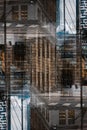 symmetry and mirrored geometry pattern, reflected yellow modern building abstract background, lines and tunnel